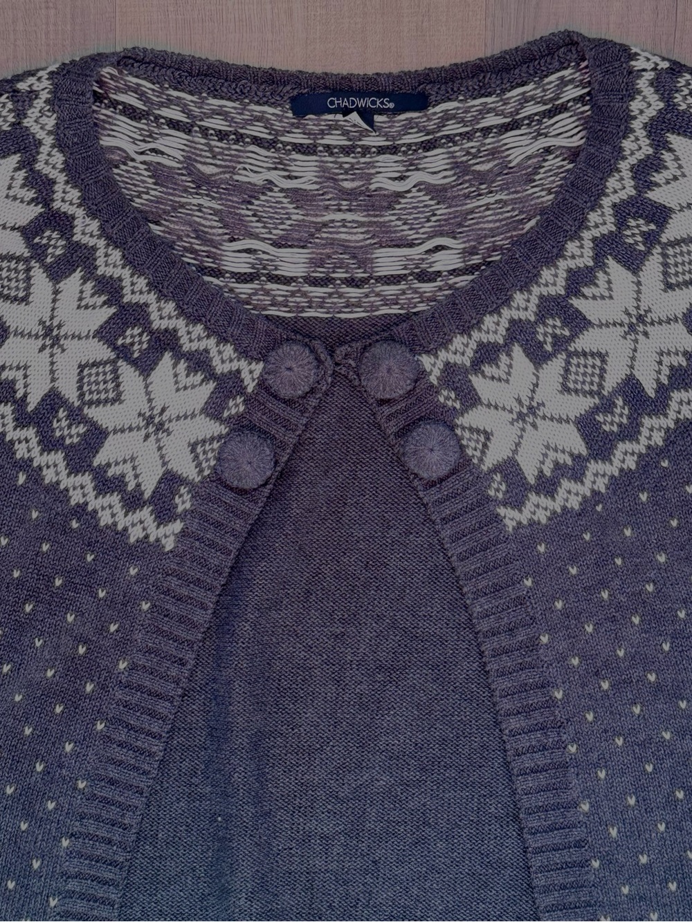 Chadwicks Nordic Fair Isle Style Grey White Open Front Cardigan Women’s Sweater